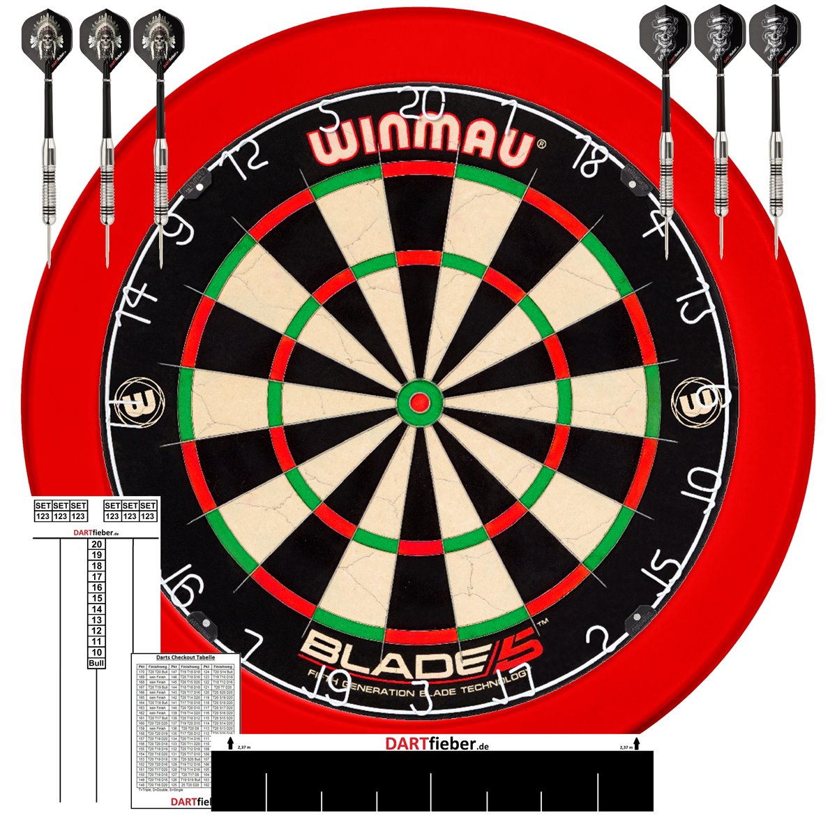 Mega Slim Starter-Set Dartboard Blade 5 Bristle Board + Surround ROT+ Abwurflinie + 2Set Darts + Checkoutkarte + Scoreboard Block Bristle Board Mega Slim Starter-Set Dartboard Blade 5 Bristle Board + Surround ROT+ Abwurflinie + 2Set Darts + Checkoutkarte + Scoreboard Block Bristle Board