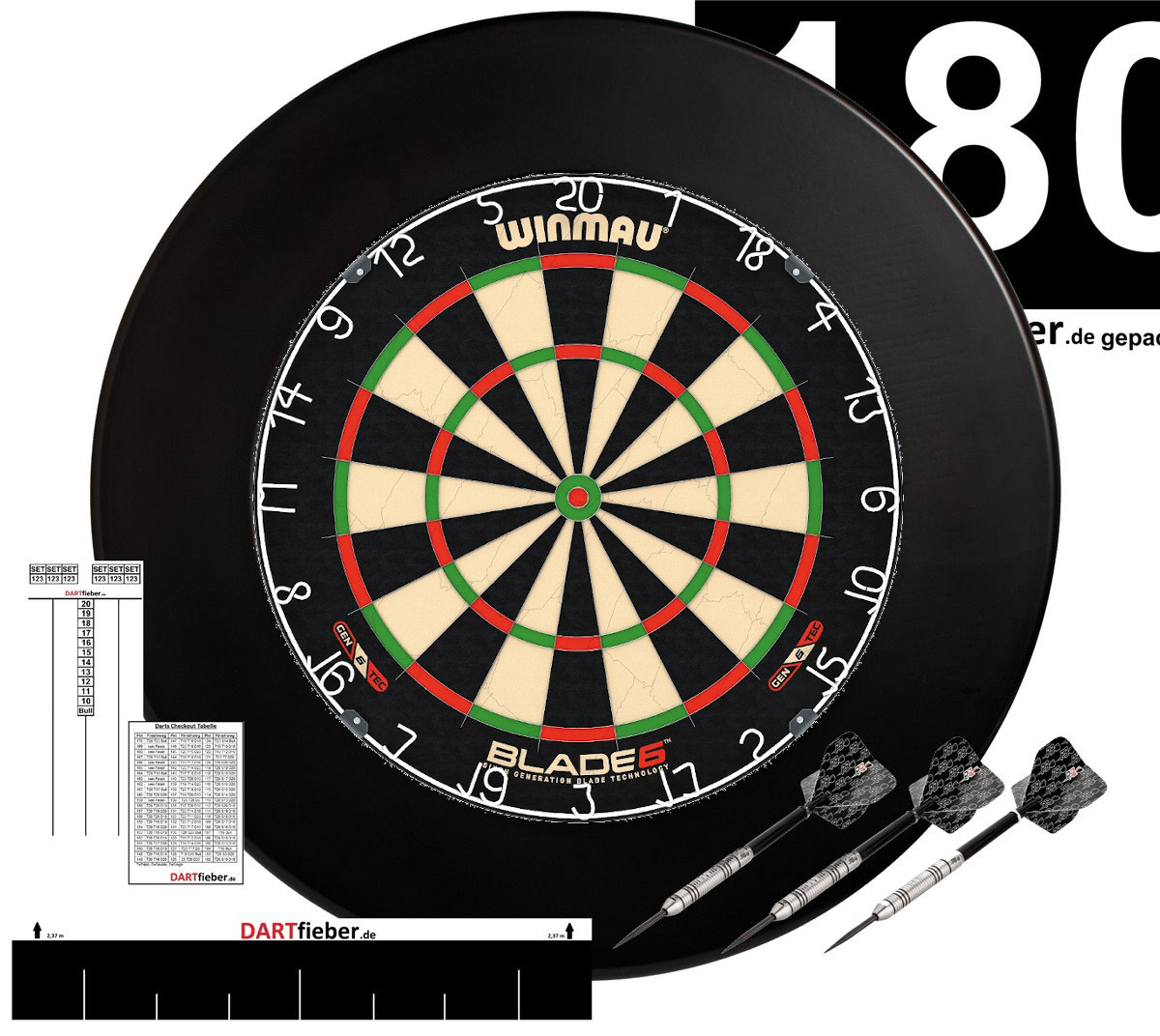 Mega Starter Set Dartboard WINMAU Blade 6 Bristle Board Tungsten Darts + Zubehör Bristle Board