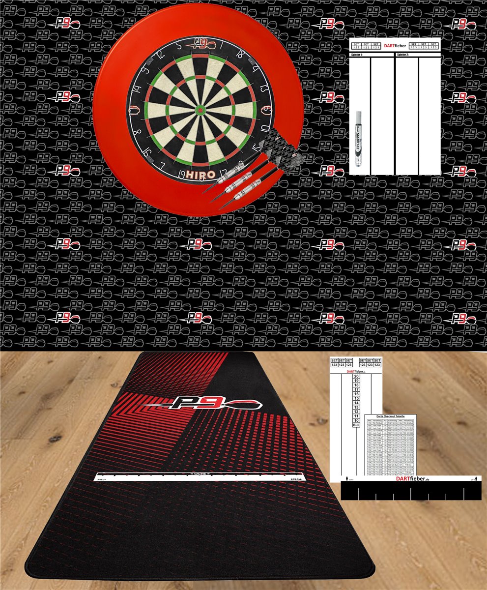 Luxus Mega Starter-Set Dartboard P9 Darts Hiro Bristle Board