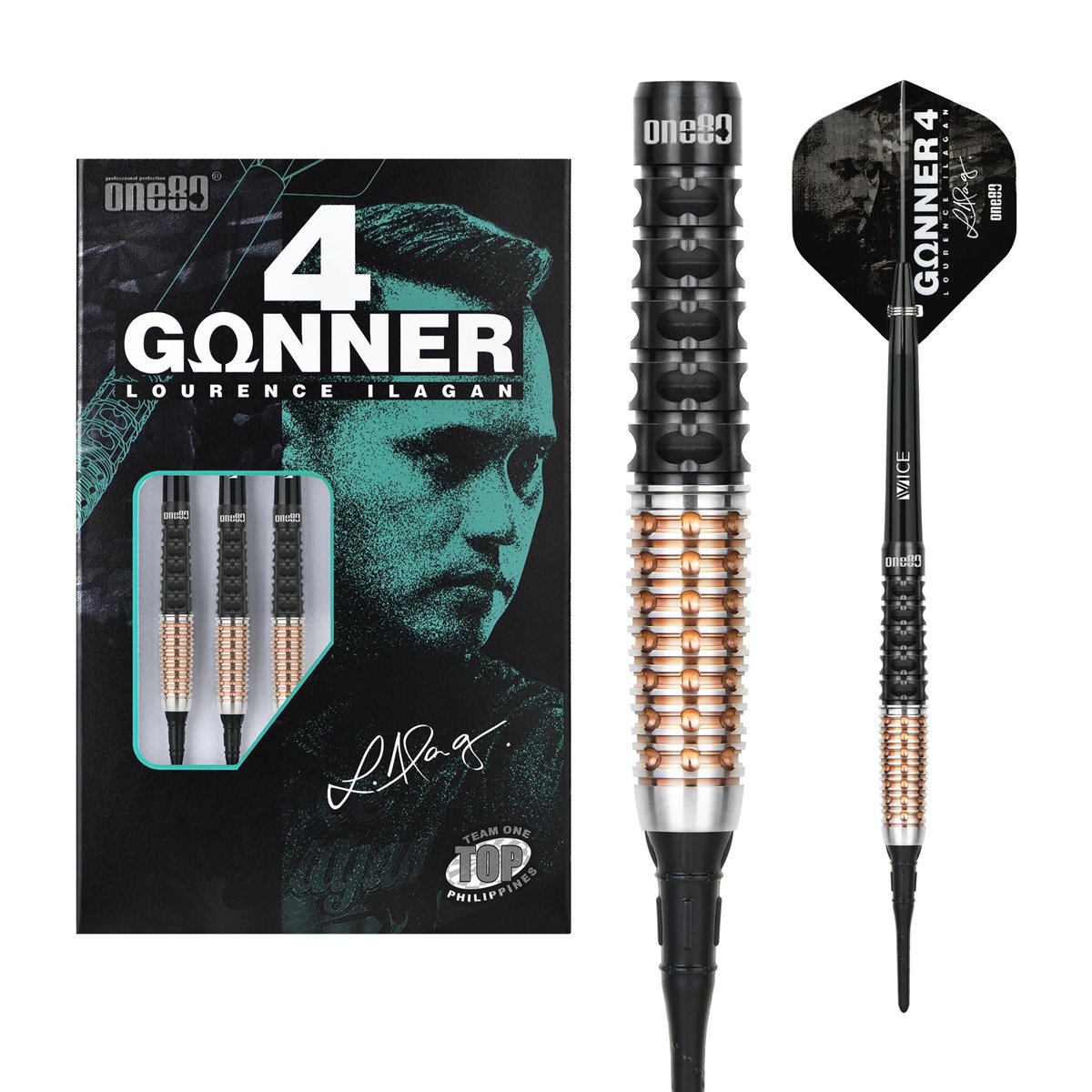 One80 Lourence Ilagan Signature Model Gunner V4 Black&Rosegold Softdarts 20,5 Gramm Softdarts