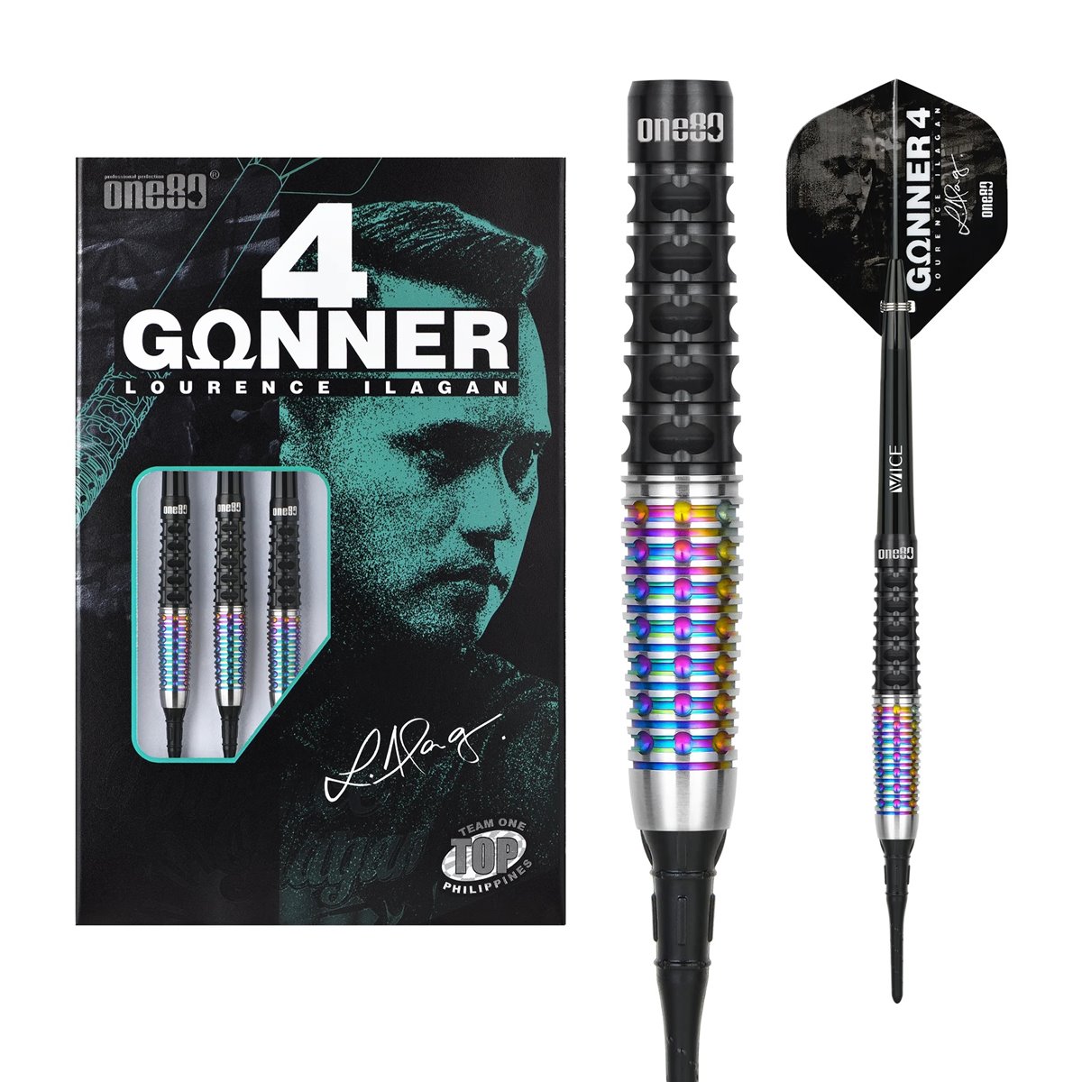 One80 Lourence Ilagan Signature Model Gunner V4 Black&Rainbow Softdarts 22 Gramm Softdarts