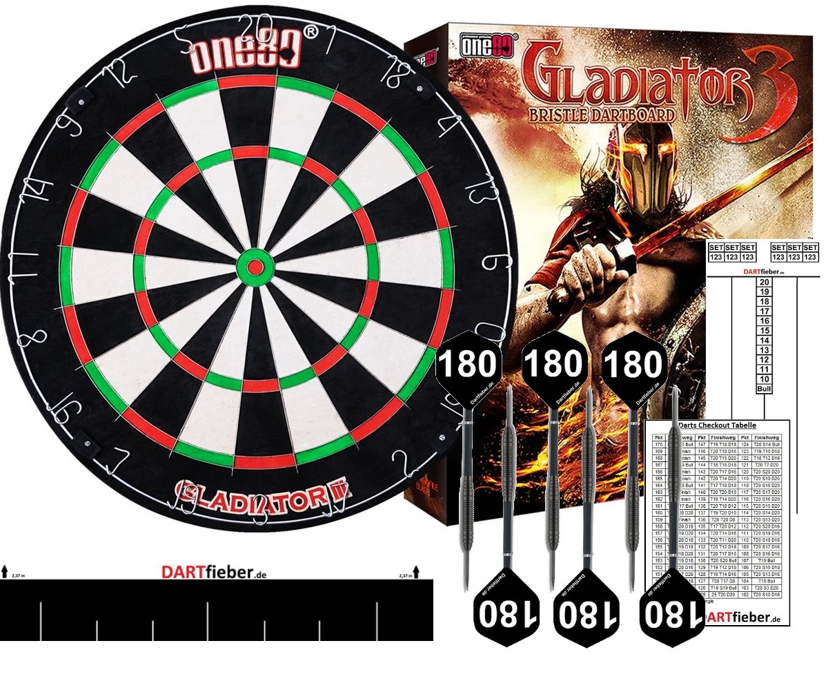 Starter-Set Dart-Board Gladiator III one80 Steel-Darts +Zubehör Bristle Board