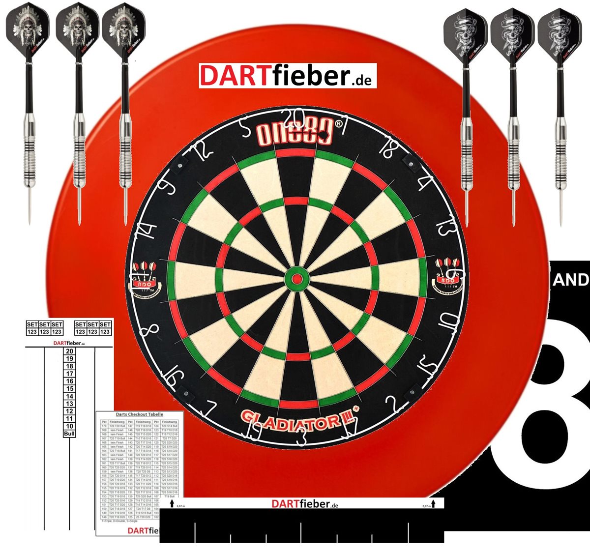 Mega Starter-Set Dartboard Gladiator 3 Surround ROT Abwurflinie 2 Set Darts Checkoutkarte Scoreboard Block Flyer Aufkleber Bristle Board