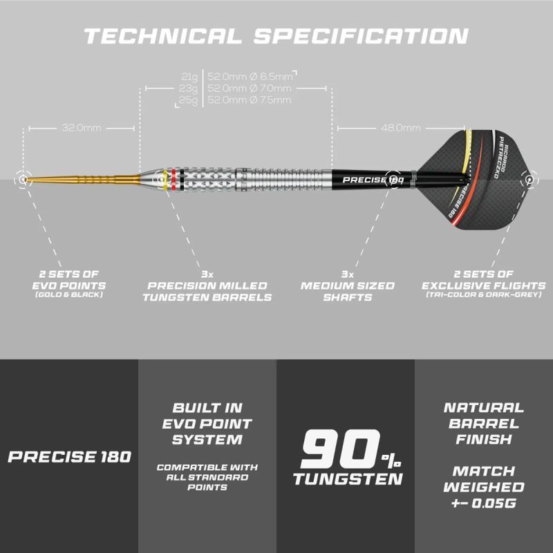 Precise180 Ricardo Pietreczko 90% Steeldarts 21/23/25 Gramm Steeldarts