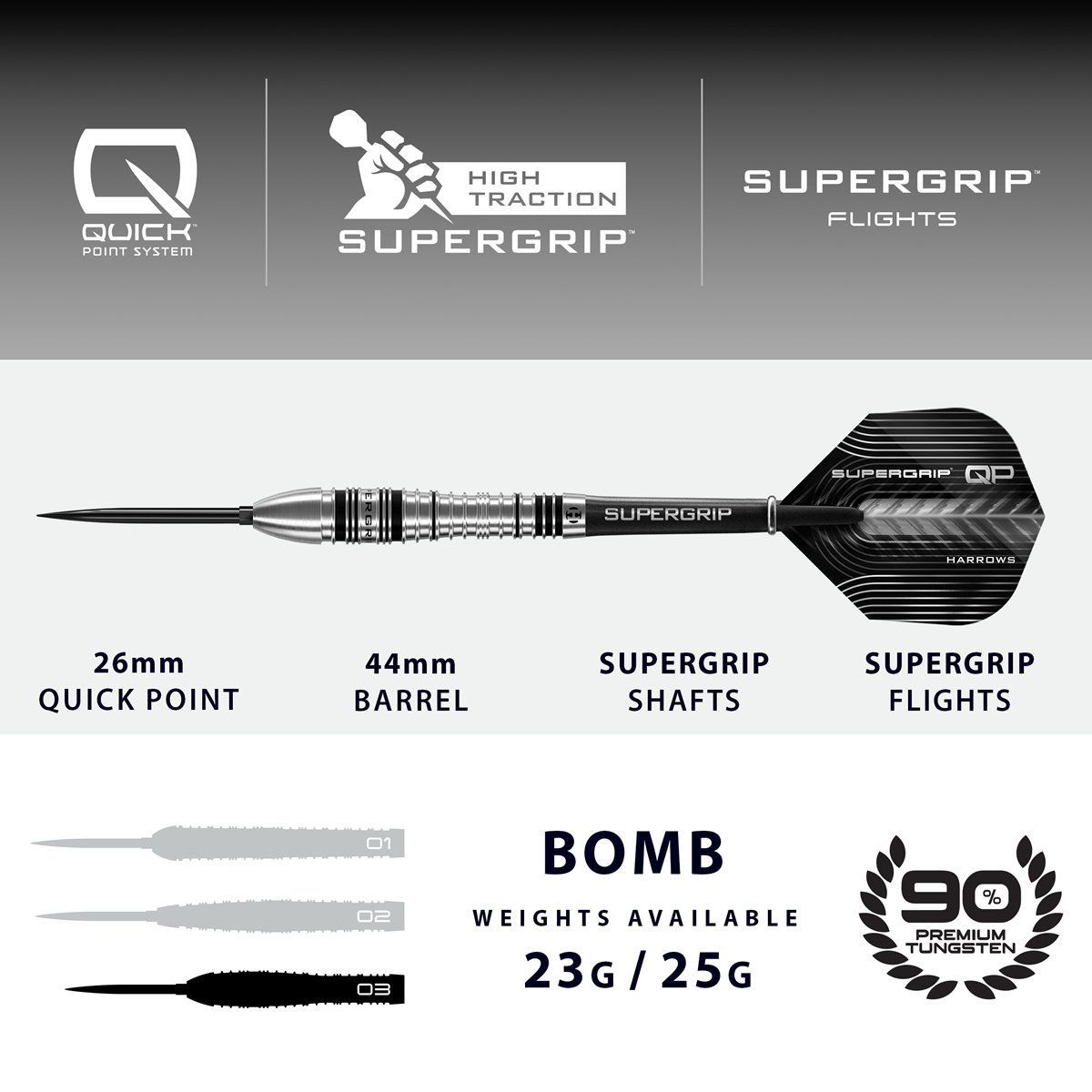 Harrows Supergrip QP Bomb 90% Steeldarts 23/25 Gramm Steeldarts