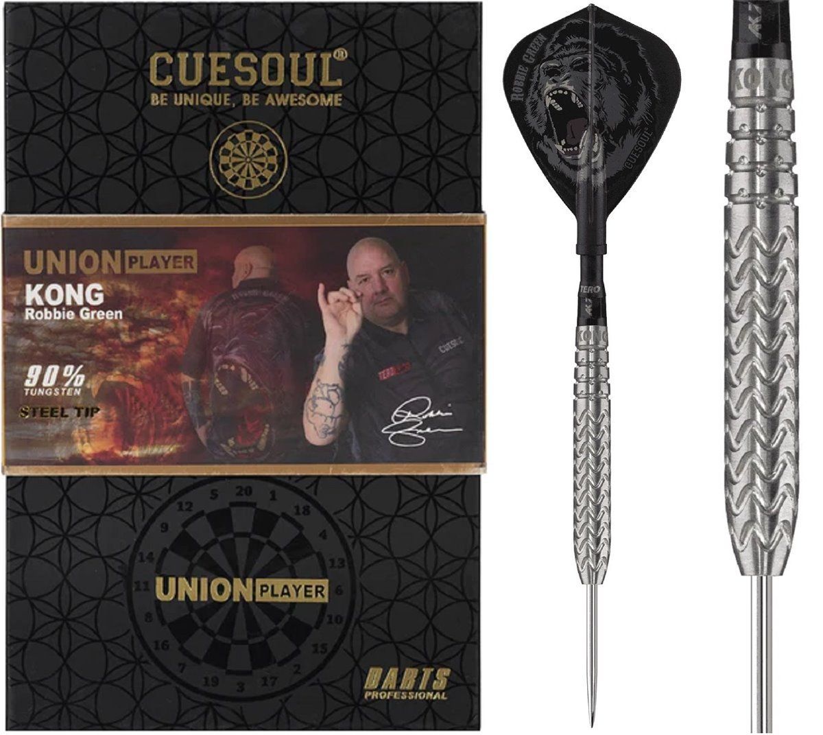 Cuesoul Steeldarts KONG Robbie Green + TERO Flights 22 Gram 90% Tungsten Steeldarts