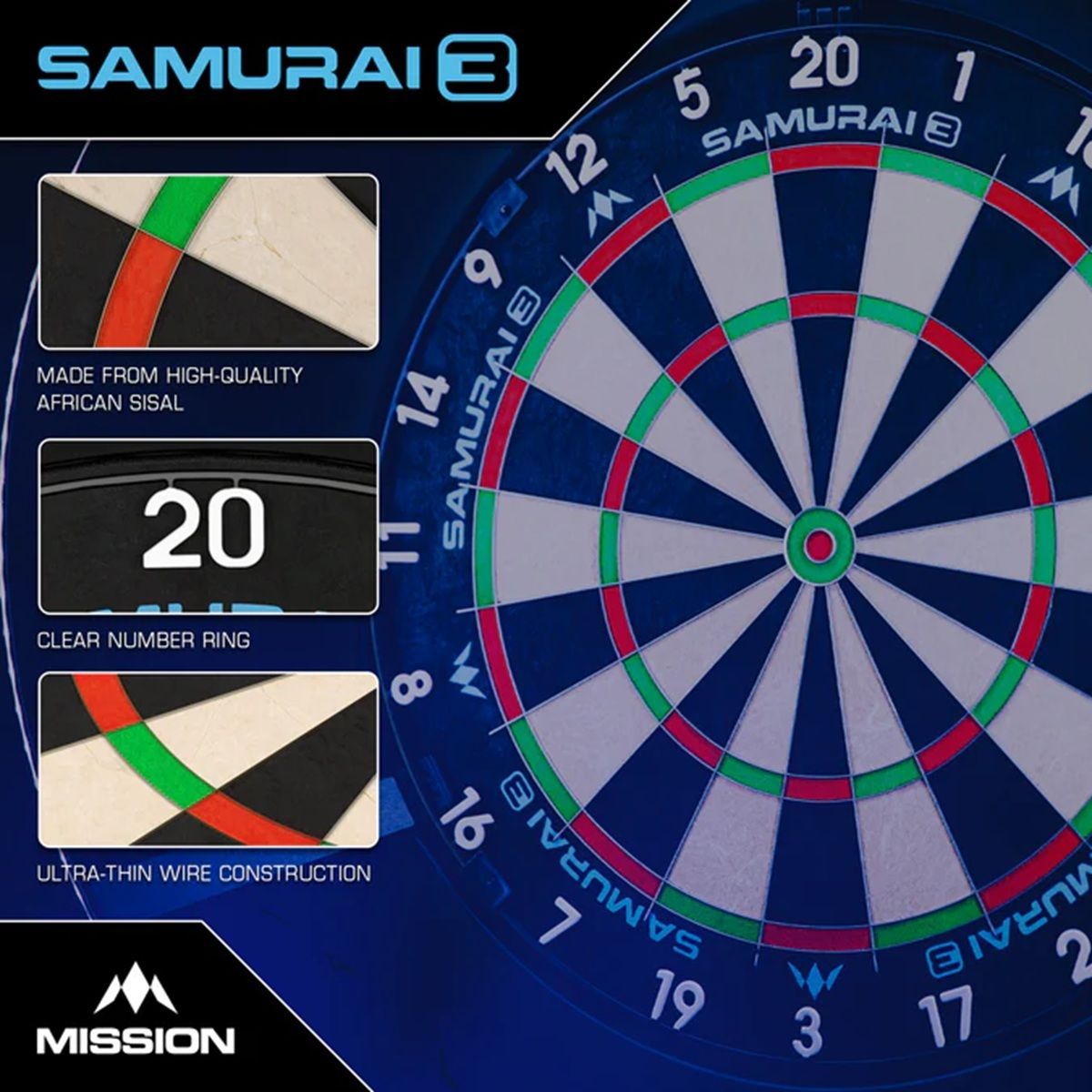 Mission Samurai 3 Cible professionnelle en sisal avec Knife-Wire ultra-fin Bristle Board
