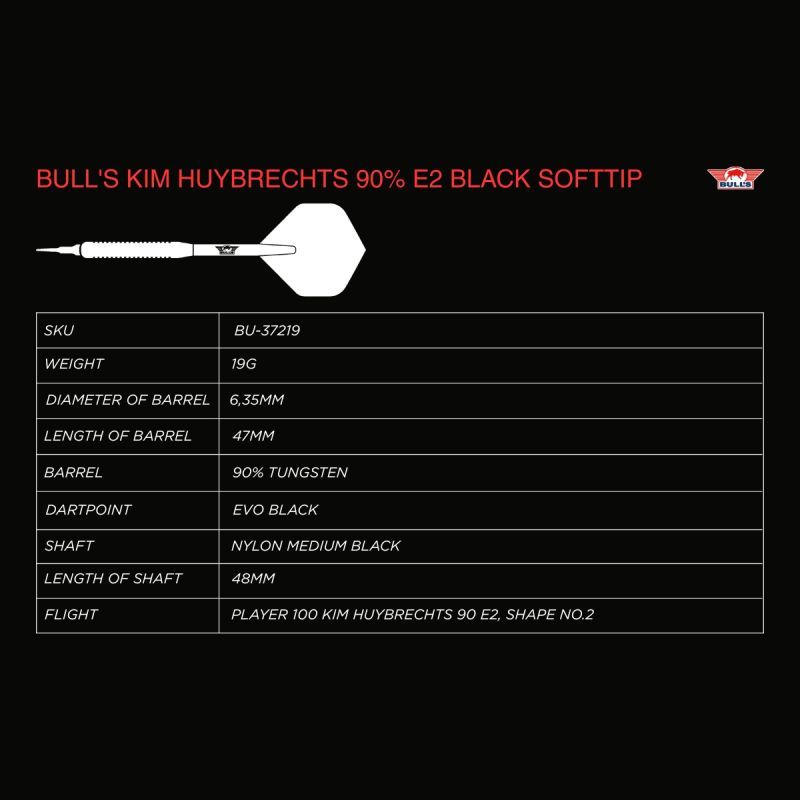 Bull´s Kim Huybrechts E2 Full Black 90% Fléchettes à pointe souple 20 Grammes Softdarts