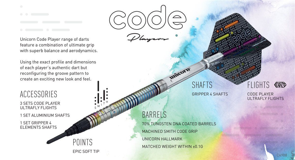 Unicorn Michael Smith Code 70% Tungsteno Le mie freccette Soft Tip 18 Grammi Softdarts