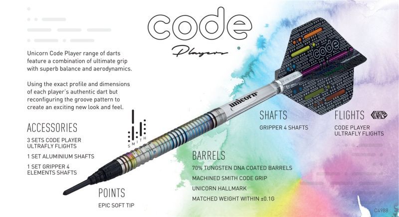 Unicorn Michael Smith Code 70% Tungsteno Le mie freccette Soft Tip 18 Grammi Softdarts