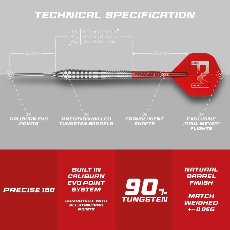 Precise180 Paul Meyer 90% Steeldarts 22/24/26 Gramm Steeldarts