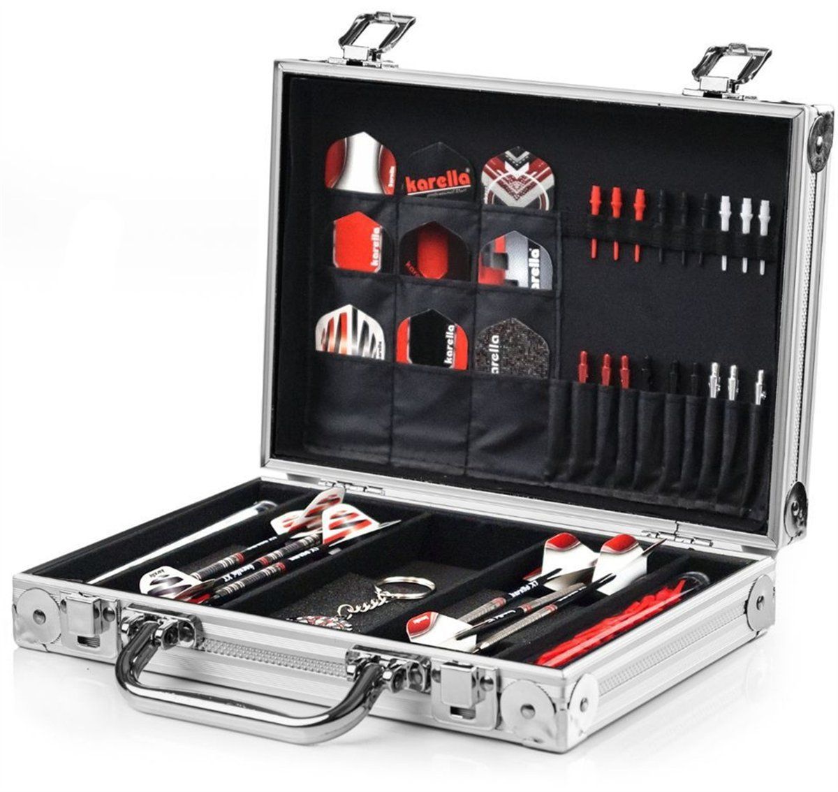 Karella Dart Koffer silber für zwei Dartpfeil-Sets / Flights und Spitzen Aufbewahrung