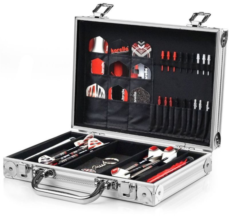 Karella Dart Koffer silber für zwei Dartpfeil-Sets / Flights und Spitzen Aufbewahrung