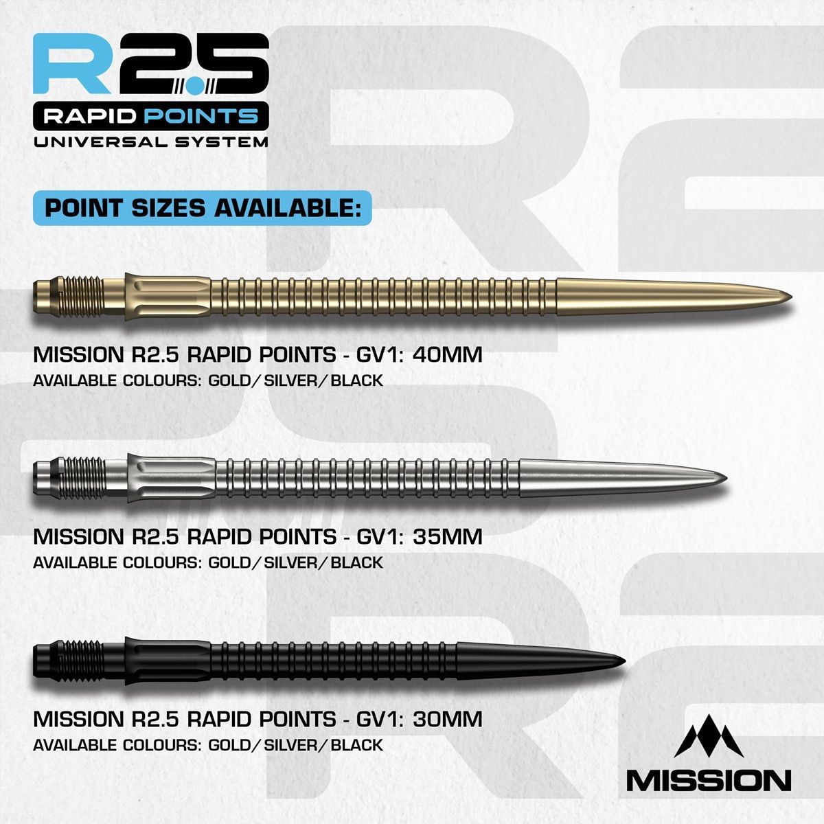 Mission R2.5 Rapid Point RP GV1 Argent/Noir/Or 30/35/40 mm Wechselspitzen