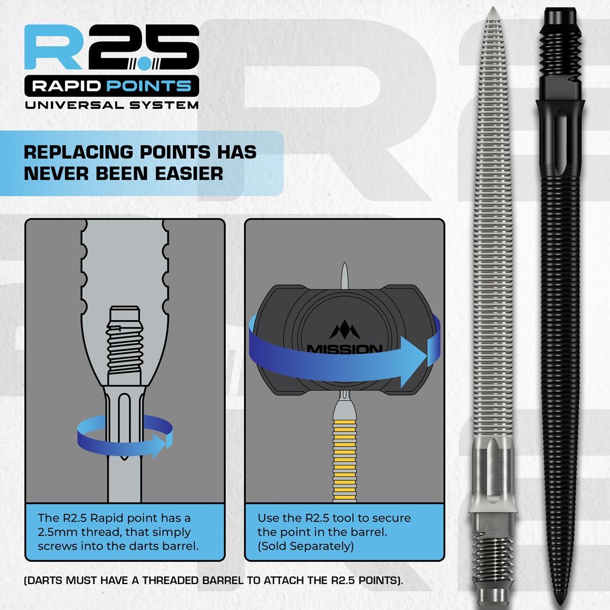 Mission R2.5 Rapid Point RP MG1 Silber/Schwarz/Blau 30/35/40 mm Wechselspitzen