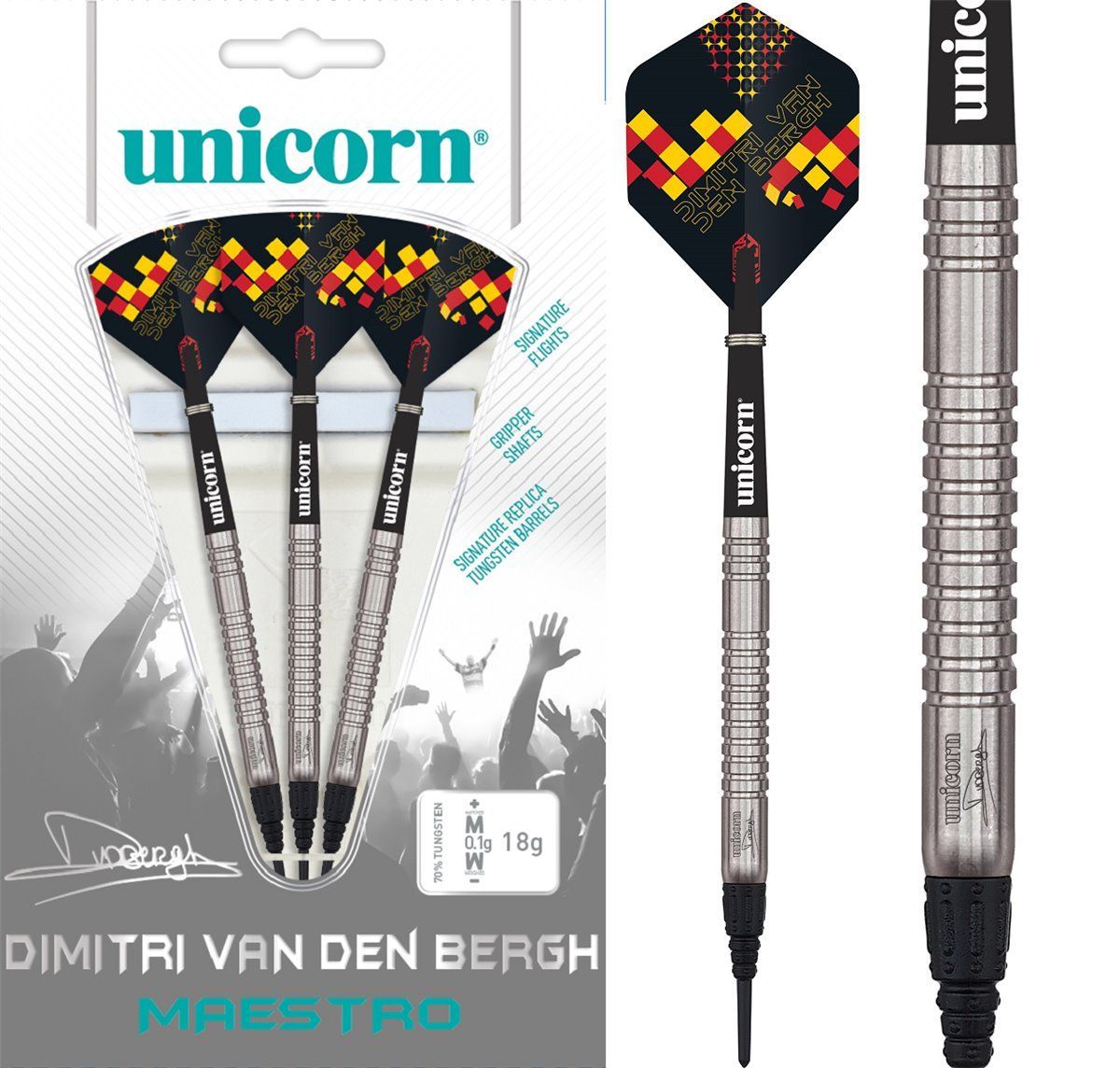 Unicorn Maestro Dimitri Van den Bergh 90% Tungstène Soft Dart Fléchettes 18 Grammes Softdarts