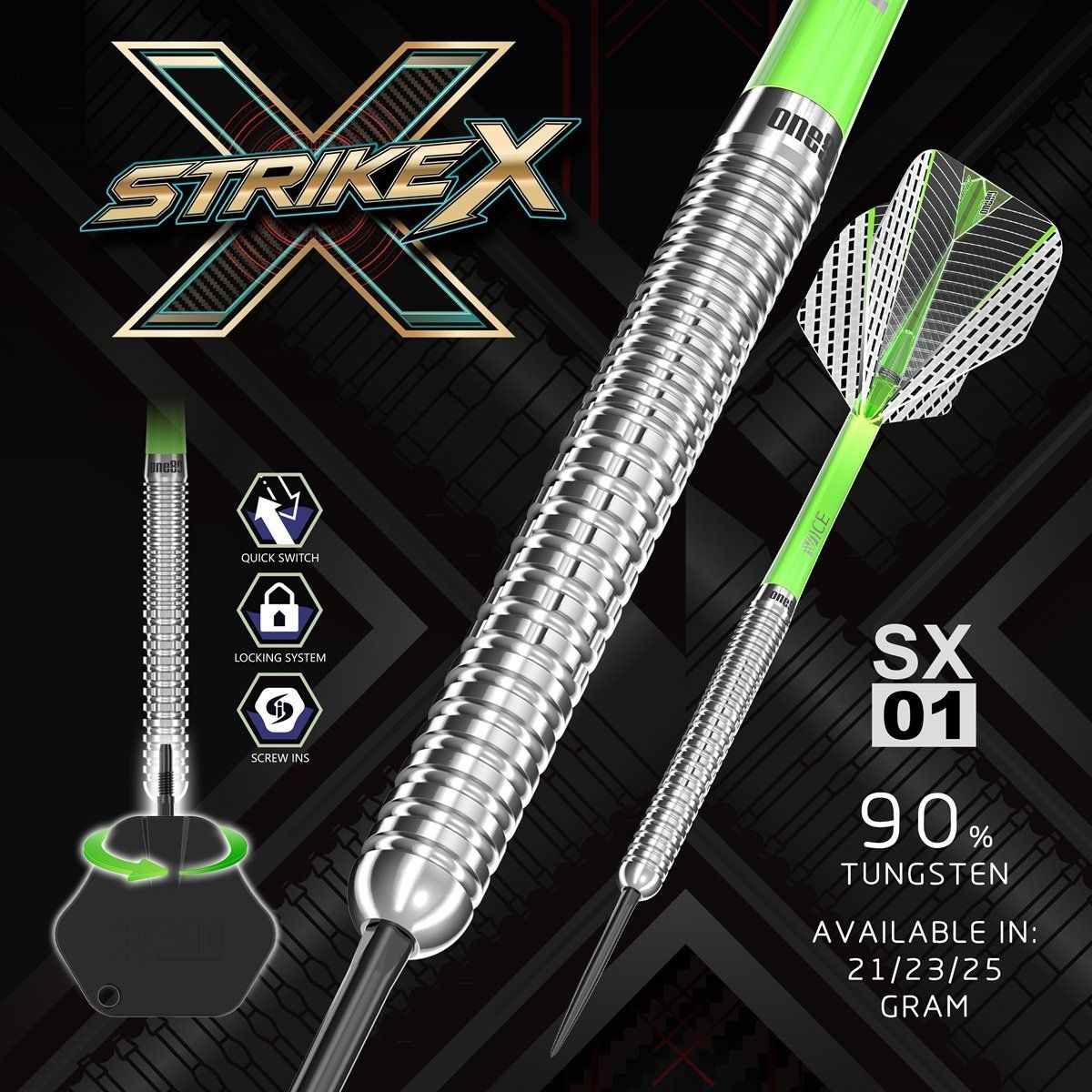ONE80 Strike X SX01 90% Steeldarts 21/23/25 Gramm Steeldarts