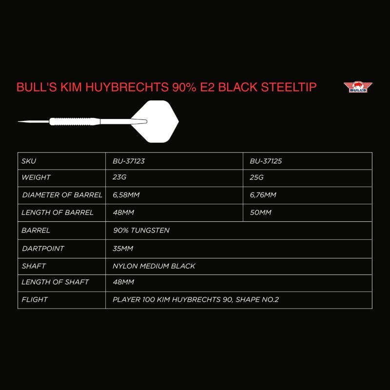 Bull´s Kim Huybrechts E2 Full Black 90% Fléchettes à pointe acier 23/25 Grammes Steeldarts