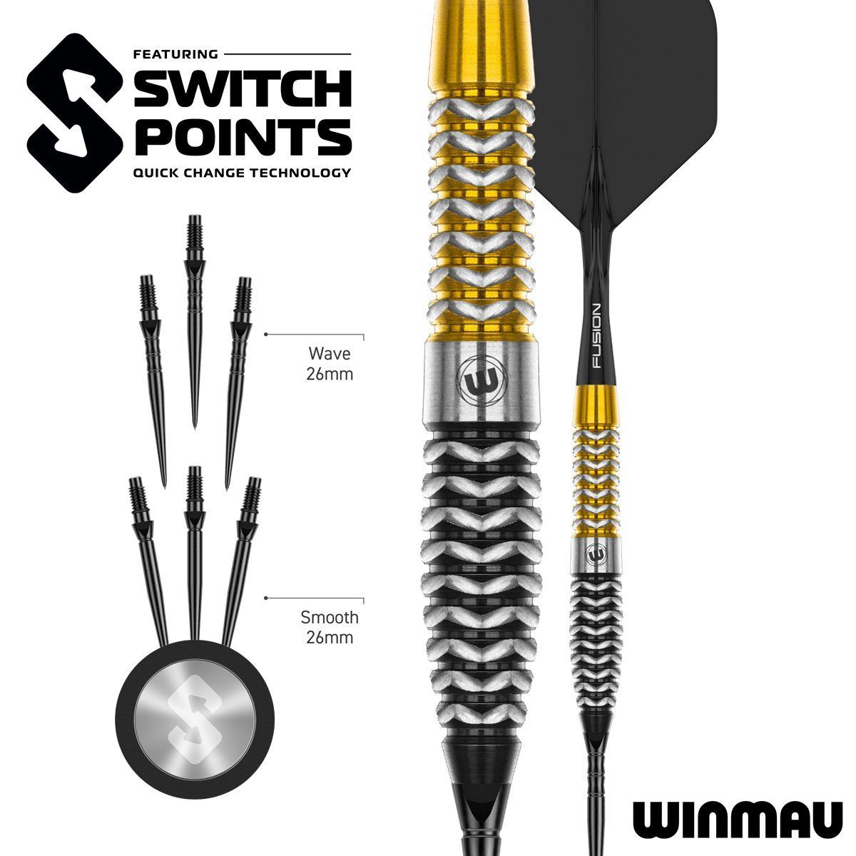Winmau Exion Torpedo Switch Point 90% Fléchettes à pointe acier 22/23/24 Grammes Steeldarts
